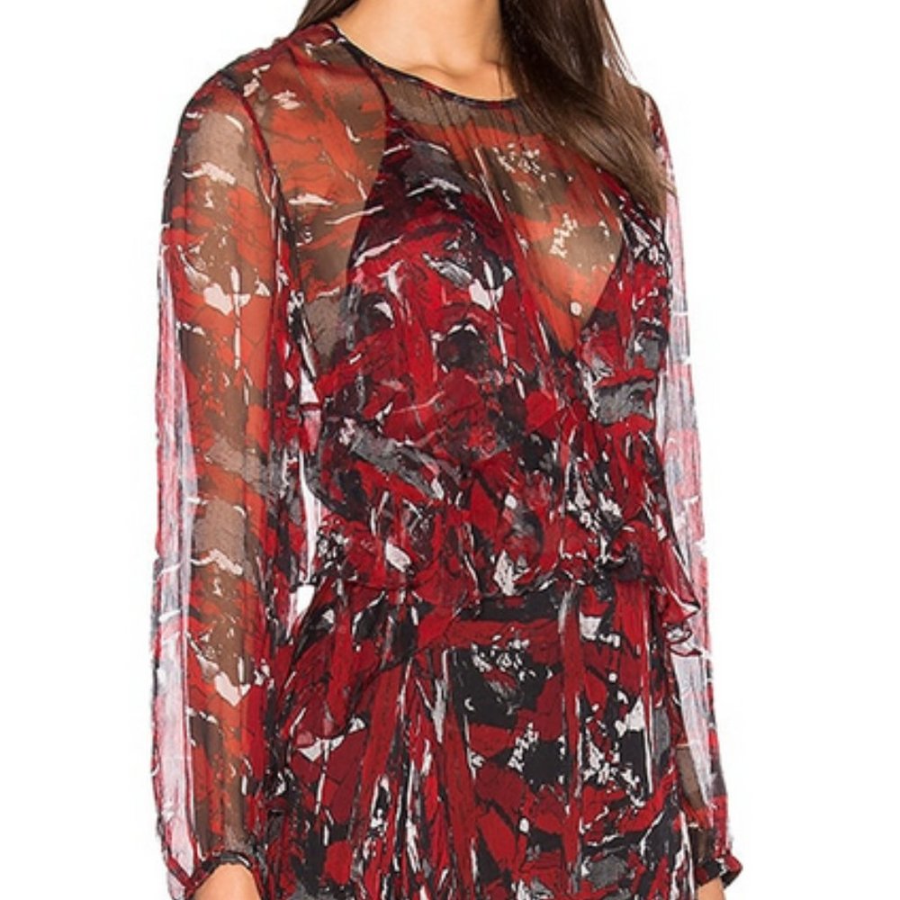 IRO Mini Dress Ressey Red/Black Ruffled MSRP $620